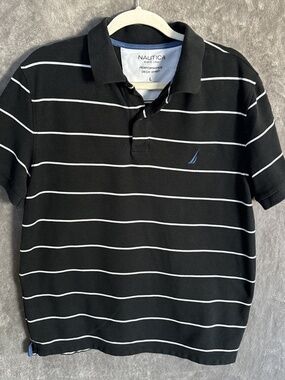 Nautica Men's Deck Performance Polo Shirt Black and White Striped Short Sleeve L